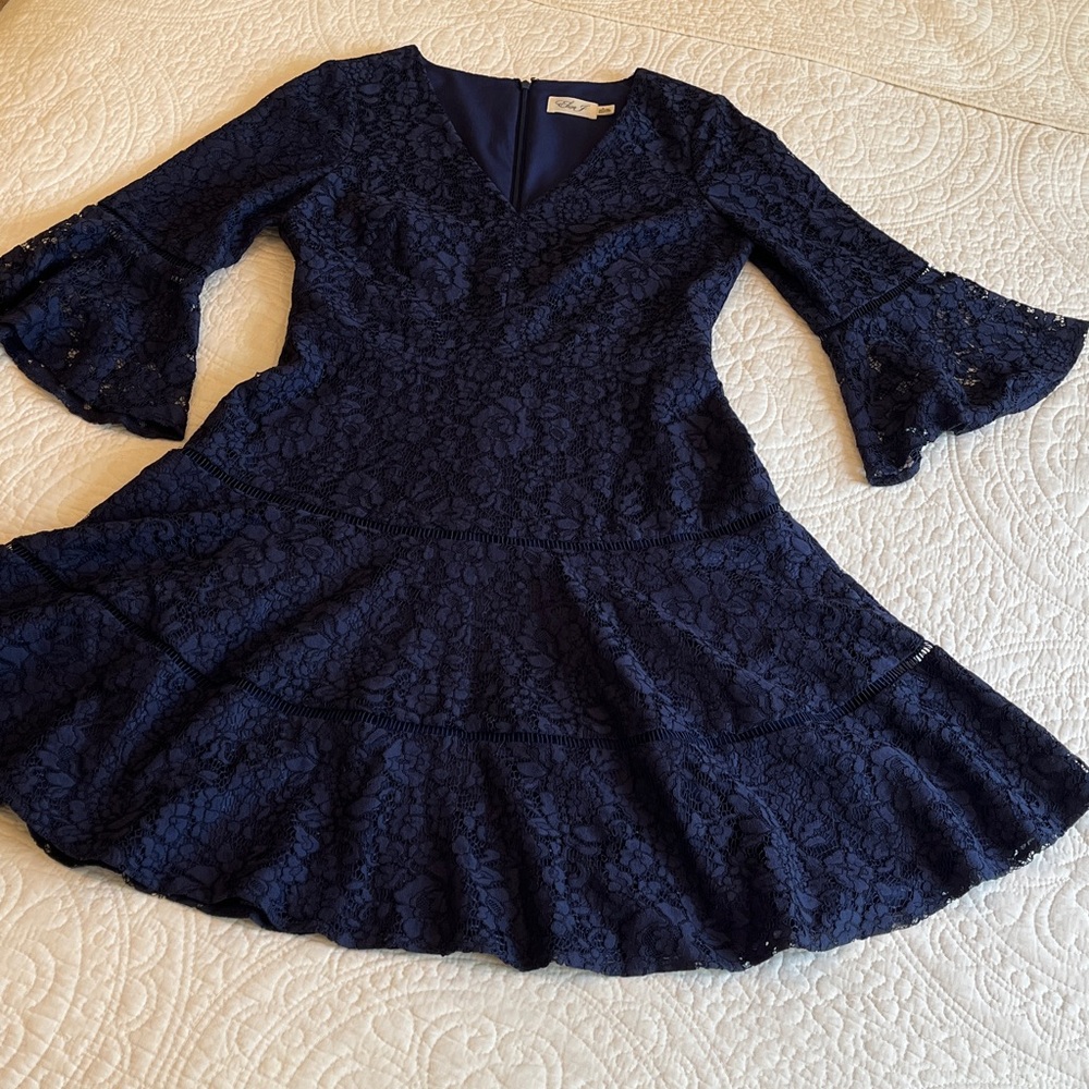 Eliza J Lace Fit‎ Flare Dress Womens 6 Navy Blue Party Guest Feminine Holiday
